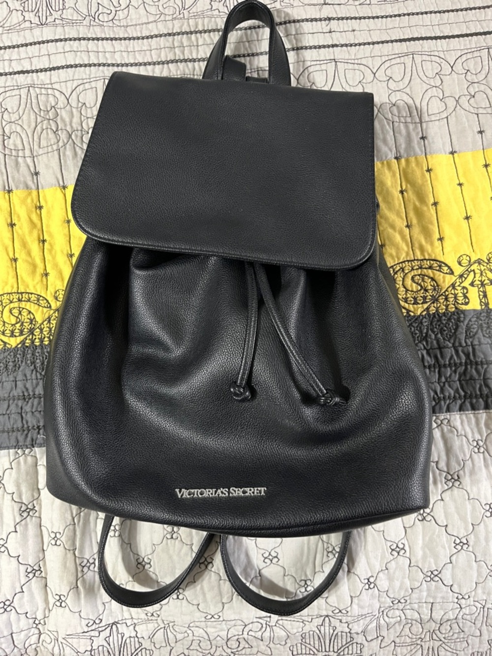 Victoria's Secret Black Faux Pebbled Leather Drawstring Backpack NWOT